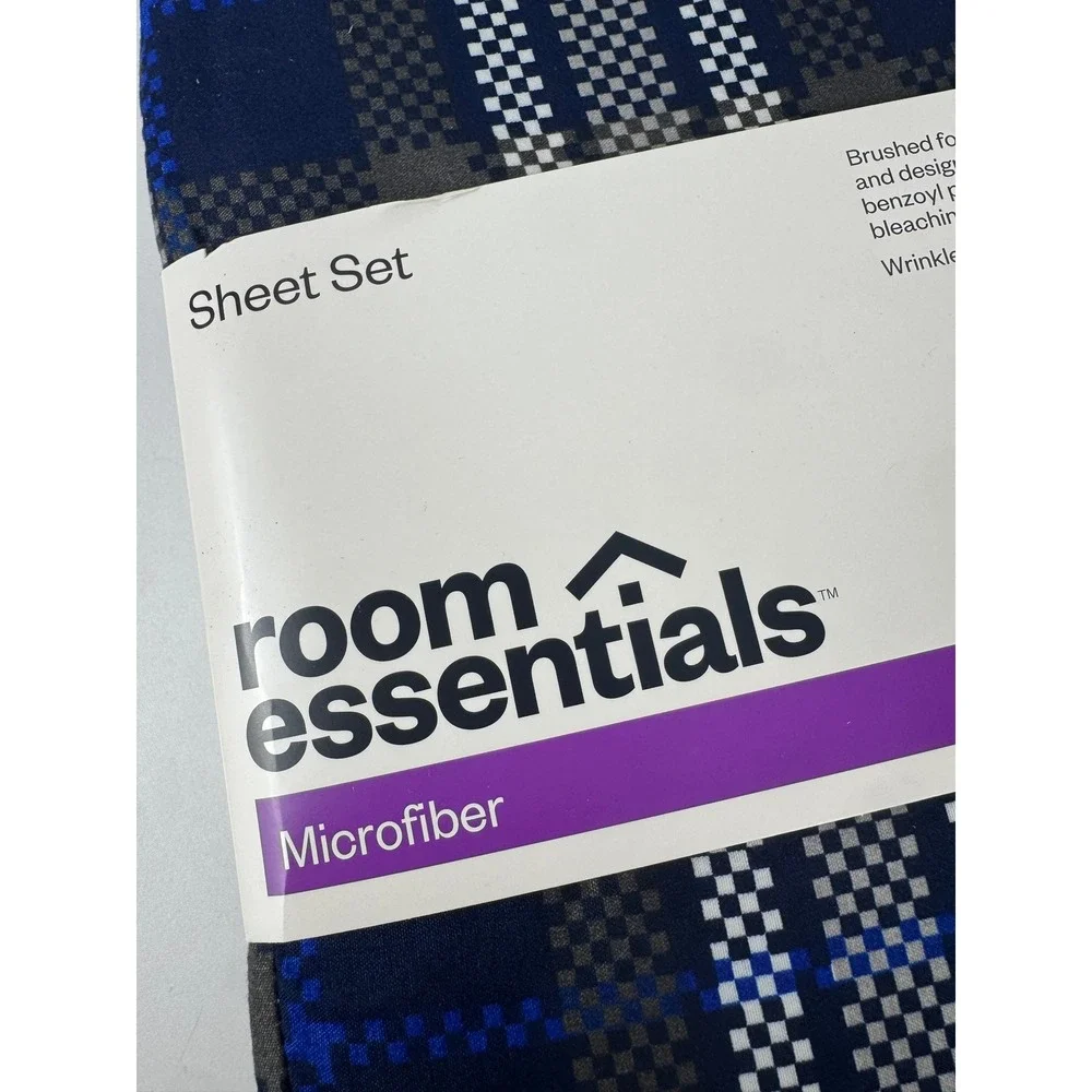 Room Essentials Twin XL Sheet Set Navy Blue Gray Plaid Microfiber 3 Piece NEW